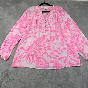 Lilly Pulitzer Elsa Silk Top Women Medium Pink Floral Smocked V-Neck Summer
